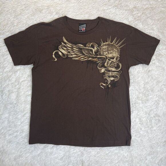 Y2K Top Heavy Grunge Skull Wings Skeleton Style‎ Tee Old School Brown Size XL - Picture 1 of 16
